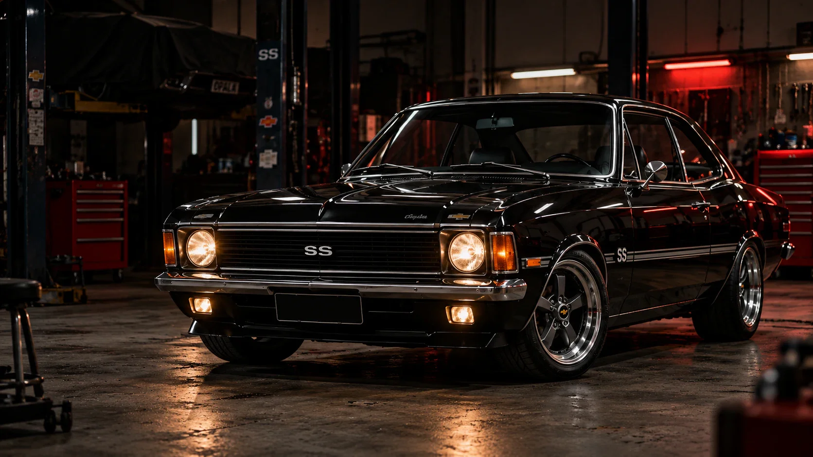 Chevrolet Opala SS preto preparado em uma oficina
